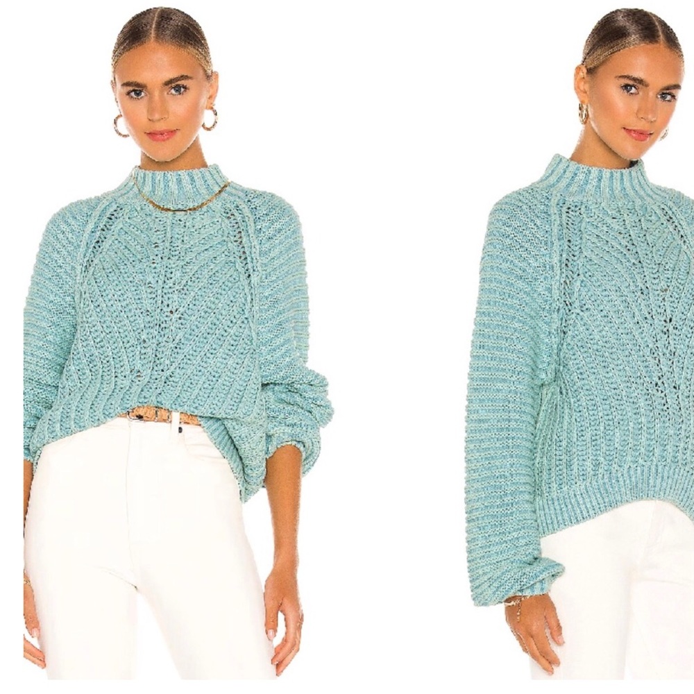 Free People Seafoam Green Cable Knit Turtleneck Sweater
